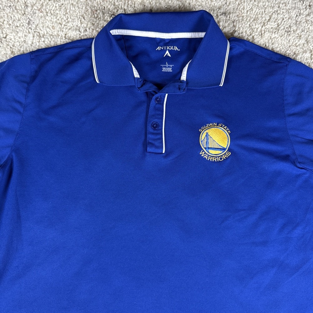 Golden State Warriors Blue Polyester Polo Shirt Size Large Made by Antigua